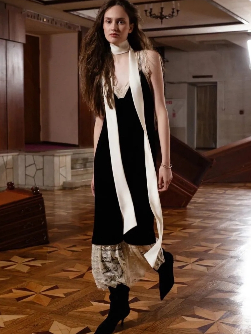 Julia Allert Black Velvet Slip Dress with Cream Lace and Scarf